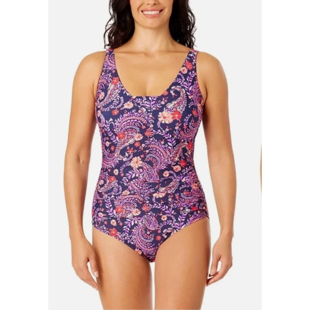 Lands' End Women's Purple Paisley Slimming Grecian One Piece Swimsuit in Size L